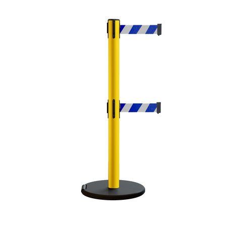 MONTOUR LINE Retractable Belt Dbl Rolling Stanchion, 2.5ft Yellow Post  9ft. Blu/Wh MSE630D-YW-BWD-90